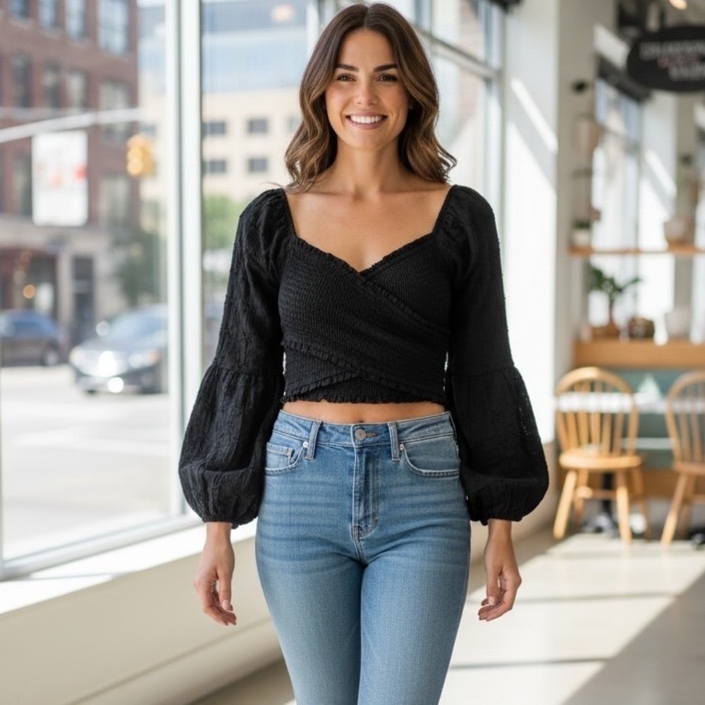 American Eagle Black Eyelet Smocked Wrap Crop Top Bohemian Cottagecore Fairycore
